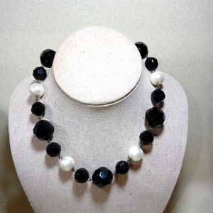 Black Faceted Glass Bead & Faux Pearl Necklace